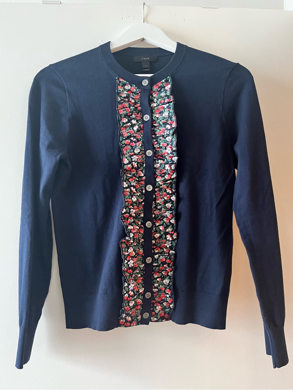 J.Crew | Cardigan with Floral Ruffle Trim | Navy | Size M